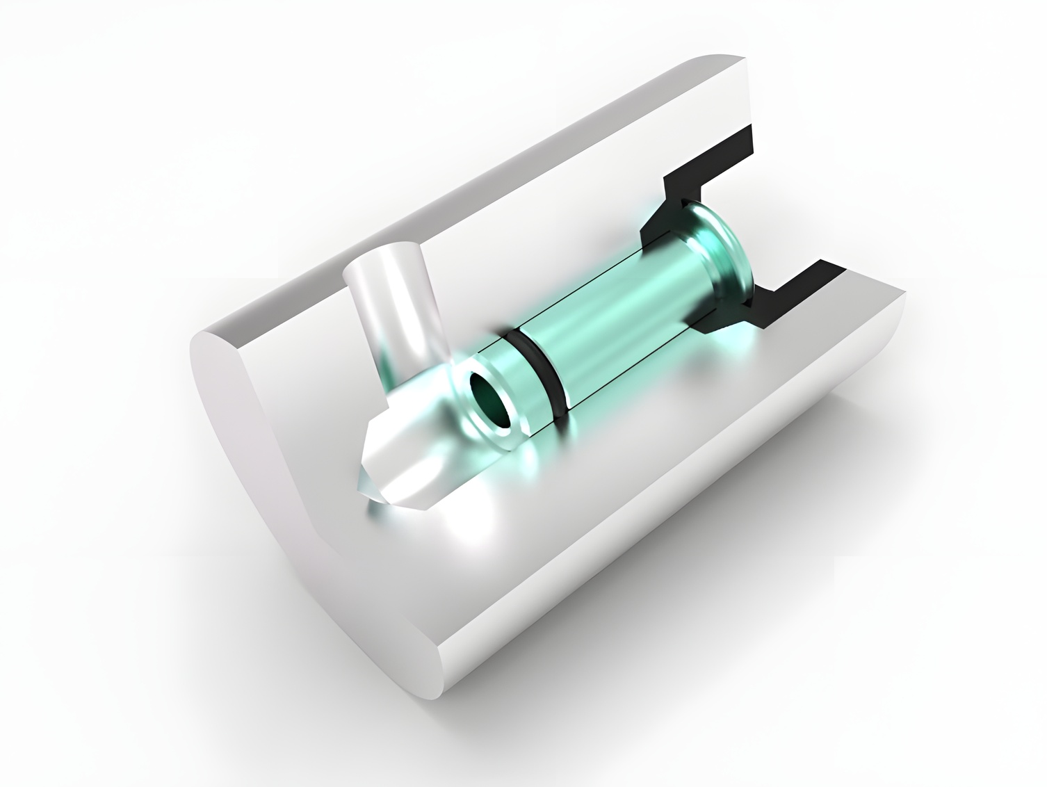a 3D render of a plan tube with an O-ring placed in a metal housing