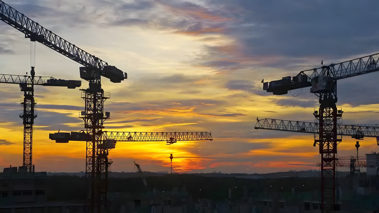Cranes hoisting in the sunset